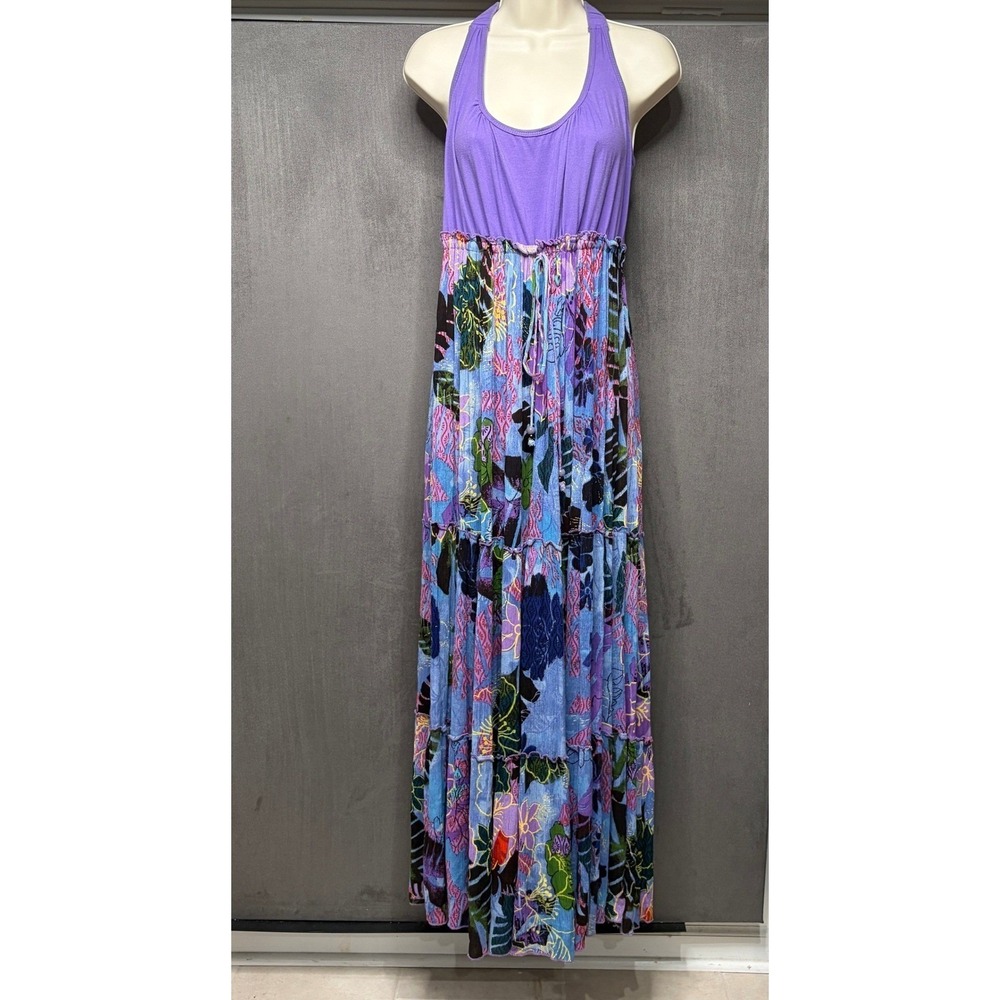 Bila Maxi Dress Women Large Purple Floral Tiered Boho Sleeveless Tassel India